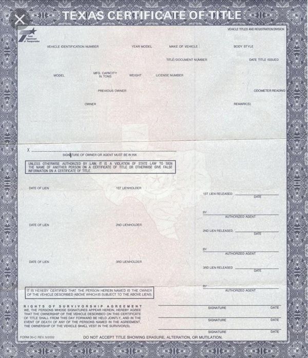 Texas Certificate of Title document